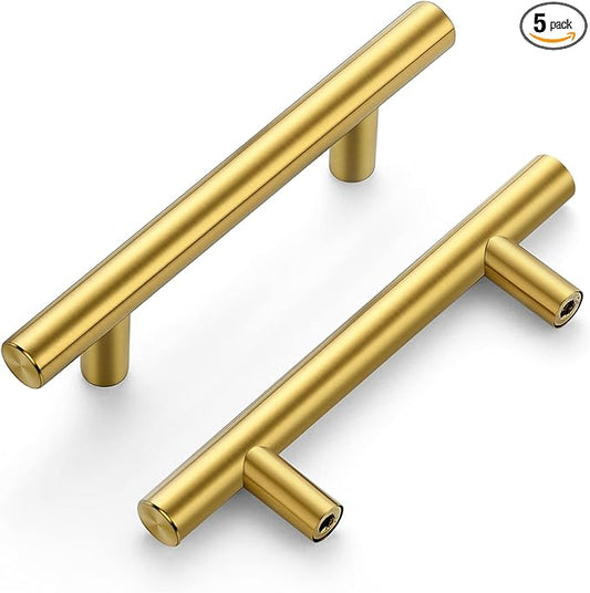 Ravinte 5 Pack | 5'' Cabinet Pulls Brushed Brass Stainless Steel Kitchen Drawer Pulls Cupboard Pulls Cabinet Handles 5”Length with 3” Hole Center