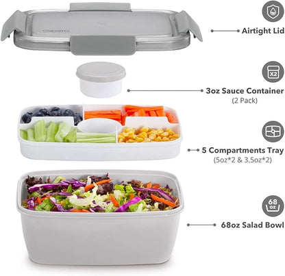 Caperci Large Salad Container for Lunch - Better Adult Bento Lunch Box 68 oz, 5-Compartment Tray, 2pcs 3-oz Sauce Cups, Stackable, BPA-Free (Gray)