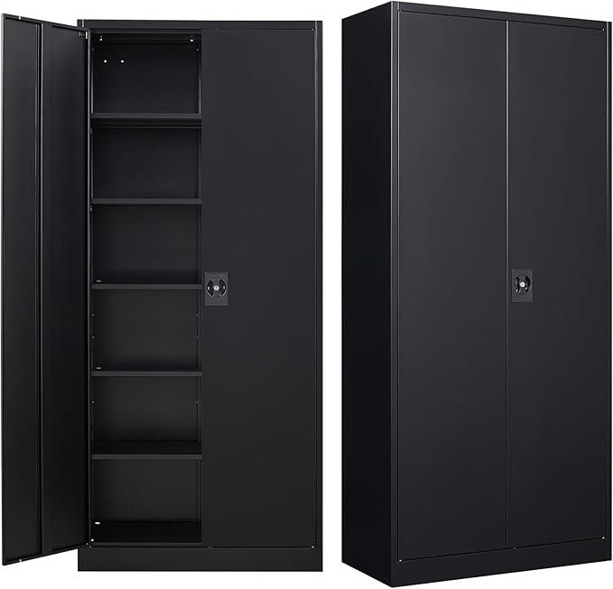 MIIIKO Metal Cabinet for Storage, Locking Door Tall Steel Storage Cabinet with 5 Shelves, Black Garage Cabinet Organizer, 71" Heavy Duty Utility Cabinets with Lock 2 Doors
