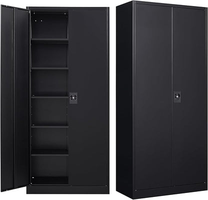 MIIIKO Metal Cabinet for Storage, Locking Door Tall Steel Storage Cabinet with 5 Shelves, Black Garage Cabinet Organizer, 71" Heavy Duty Utility Cabinets with Lock 2 Doors