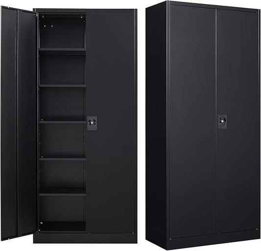 MIIIKO Metal Cabinet for Storage, Locking Door Tall Steel Storage Cabinet with 5 Shelves, Black Garage Cabinet Organizer, 71" Heavy Duty Utility Cabinets with Lock 2 Doors