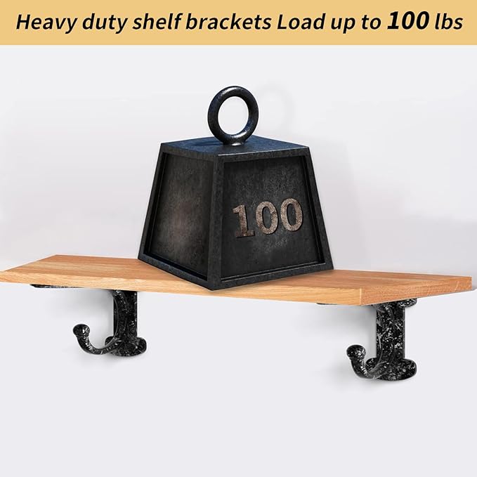 Shelf Brackets 4 Inch 2 Pack, Cast Iron Shelf Brackets for Wall Shelving, Rustic Shelving Brackets with Hooks Black, Heavy Duty Floating Brackets Wall Mounted