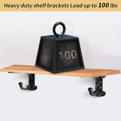 Cast Iron Shelf Brackets 4 Inch, 4 Pack Black Rustic Shelf Brackets with Hooks，Heavy Duty Floating Brackets Wall Mounted, Decorative Brackets for Wood Shelves