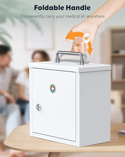 Uniclife Wall Mount Medicine Cabinet with Key Lock & Handle Locking First Aid Cabinet Lockable Medical Cabinet Lightweight Medium Medicine Organizer Secure Steel Wall Cabinet Metal Storage Box, White