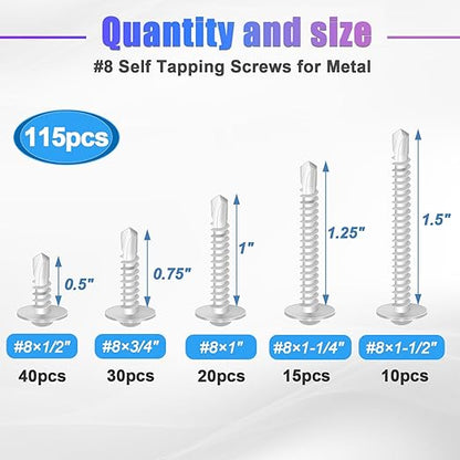 mxuteuk #8 Self Tapping Screws,410 Stainless Steel Self Tapping Screws for Metal,(1/2",5/8",3/4",1",1-1/4") Modified Truss Head Self Drilling Screw Sheet Metal Screw for Metal(115PCS)