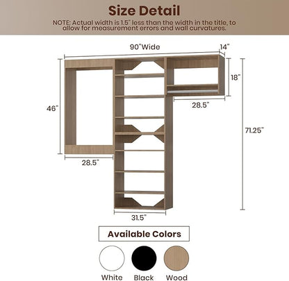 ROOMTEC Modular Closet System, 90" Wall-Mounted Closet Organizer with Hanging Rods, Modern Wooden Tower for Walk-In Closets, Wardrobe Storage Kit, Wood