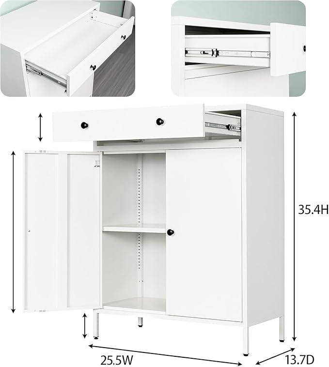 BESFUR Metal Storage Cabinet 35" H,Metal Cabinet with Drawer and Adjustable Shelf for Home Office, Garage,Classroom, Apartment, Warehouse, Utility Room White