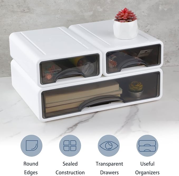Stackable Desk Organizer, 3-Piece Plastic Drawer Set, White, 13" Wide Letter Size, 3 Drawers