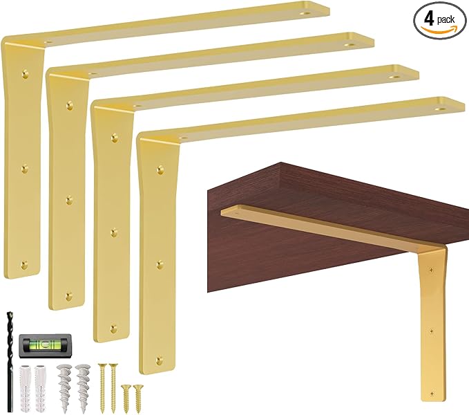 4 Pack Heavy Duty Brass Shelf Brackets 12 Inch by Balin Designs – Decorative L Bracket for Shelves, Metal Shelf Support Bracket, Wall Mounted Countertop Iron Corbels, Floating Gold Shelving Brackets
