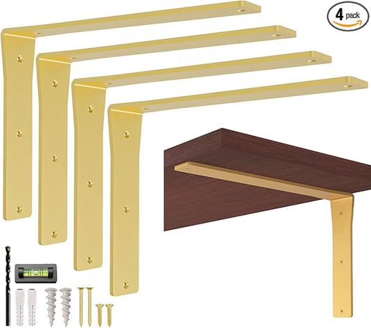 4 Pack Heavy Duty Brass Shelf Brackets 12 Inch by Balin Designs – Decorative L Bracket for Shelves, Metal Shelf Support Bracket, Wall Mounted Countertop Iron Corbels, Floating Gold Shelving Brackets