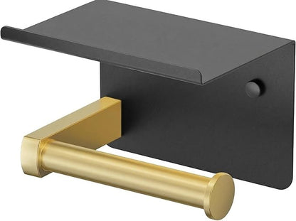 Toilet Paper Holder with Shelf, Adhesive or Screw Wall Mount Toilet Paper Roll Holder for Bathroom, Rustproof 304 Toilet Roll Tissue Holder Dispenser with Phone Shelf (1, Matte Black & Brushed Gold)