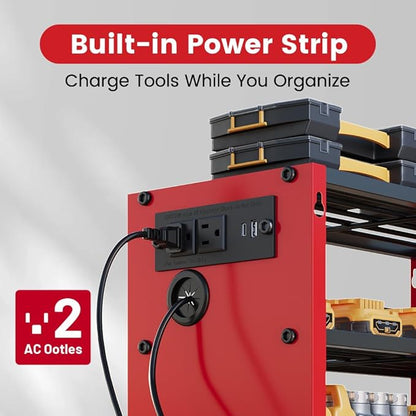 4 Layers Power Tool Organizer Wall Mount with Power Strip, Heavy Duty Metal Tool Shelf, 400lbs Capacity for Cordless Drills, Batteries & Garage Storage (4 Slots with 2 Outlets Power Strip)