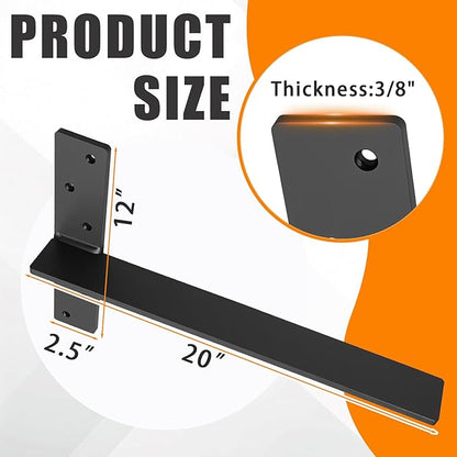 3/8" Thick Floating Shower Bench Brackets 3 Pcs, 20"x12"x2.5"Heavy Duty Free Hanging T Shelf Support Brackets, Wall Mount Bracket for Granite, Vanity, Shower Bench, Cabinets, Dishwasher,Countertop