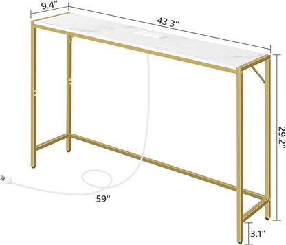 Console Table, Narrow Sofa Table, 43.3” Entrance Table with Power Station, Behind Couch Table, Simple Style, for Living Room, Hallway, Entryway, Foyer, Marble and Gold CTJM112E01