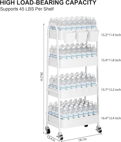 White 4 Tier Rolling Cart Metal with Wheels, Heavy Duty Utility Storage Organizer Carts on Wheels, Four Tiered Roller Cart for Kitchen, Book, Snack, Craft, Art, Dorm, Large Capacity Basket, 38in Tall