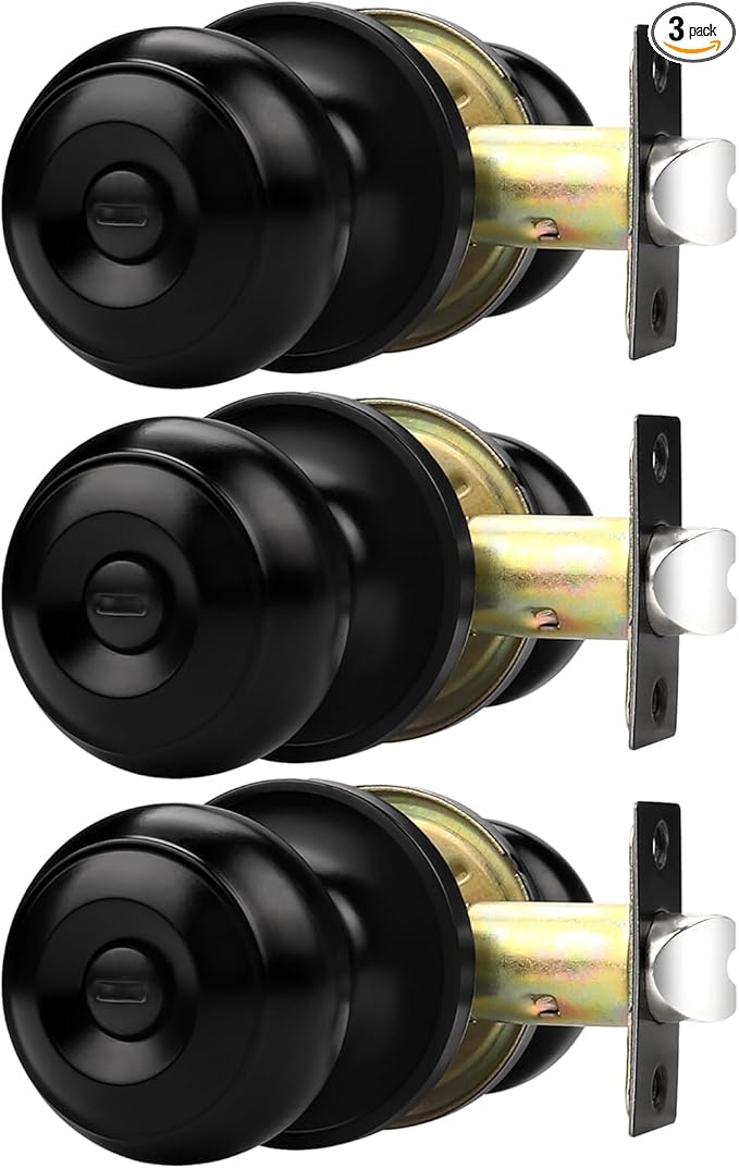 Probrico Matte Black Door Knobs, Door Handles with Lock and Knob, Keyless Interior Doorknobs for Bathroom Bedroom, 3 Pack