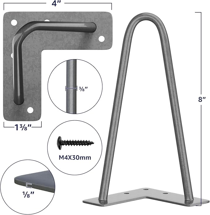 SMARTSTANDARD 8 Inch Heavy Duty Hairpin Furniture Legs, Metal Home DIY Projects for TV Stand, Sofa, Cabinet, etc with Rubber Floor Protectors Gray 4PCS