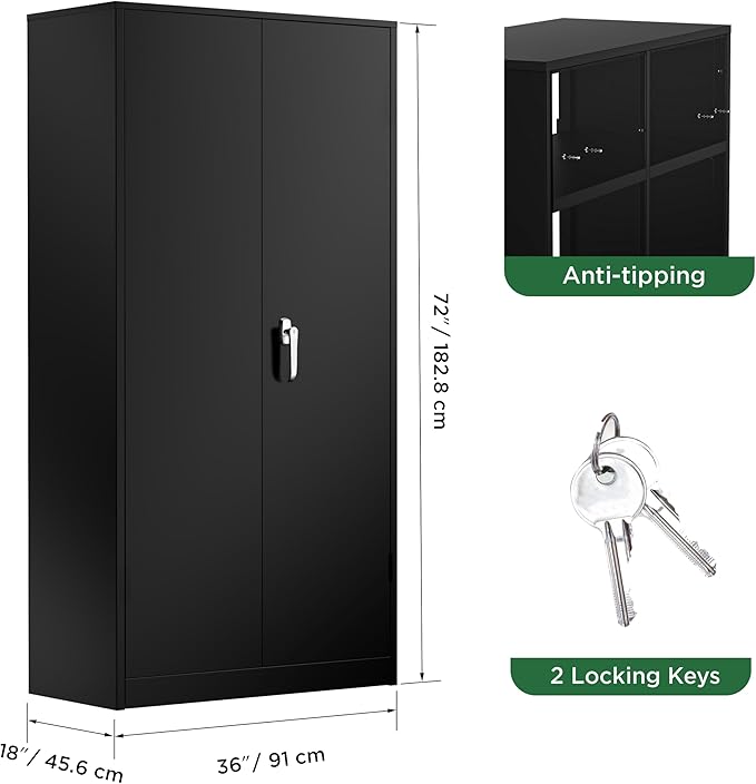 Greenvelly Metal Garage Storage Cabinet, 72” Lockable Storage Cabinet with Adjustable Shelves, Steel Tool Cabinets, Black Metal File Cabinet for Home Office, Garage, School, Classroom(36" W x 18" D)