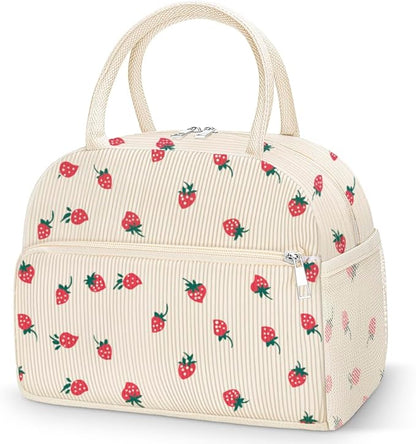 Coobiiya Corduroy Lunch Bag Lunch Box for Women Men, Cute Strawberry Lunch Tote Bags Insulated Reusable LunchBox Large Capacity Cooler Bag for Work Travel Picnic