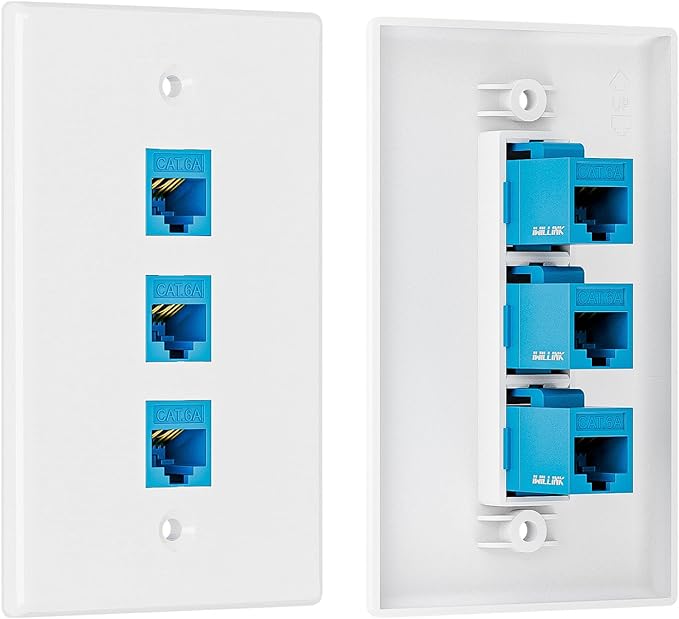 Iwillink 10Gbps Ethernet Wall Plate CAT6A, 3-Port Keystone Wall Plate and Jack Outlet, RJ45 Wall Plates with Single Gang Low Voltage Mounting Bracket - 1 Pack