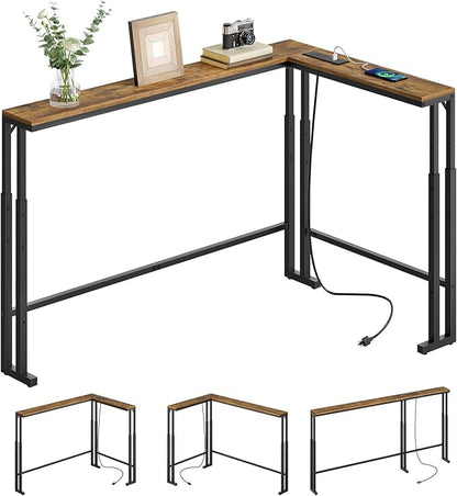 70.9" Narrow Console Table with Adjustable Height (27.6"-35.4"), L Shaped Sofa Table Narrow Long, Skinny Behind Couch Table with USB-C Ports, 5.9" Wide Sofa Side Table, Rustic Brown CT28UBR
