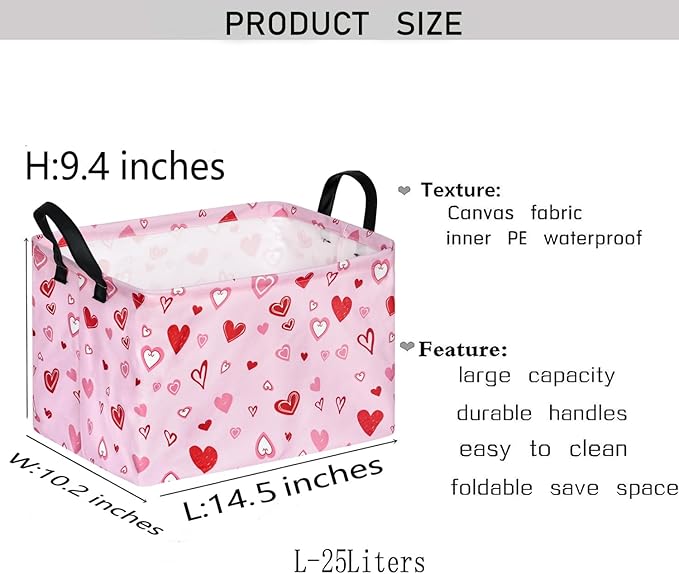 KUNRO Rectang Heart Pattern Valentine's Storage Basket Gift Shelf Basket Storage Bin, Nursery Basket Organizer Box for With Handles for Room Deco