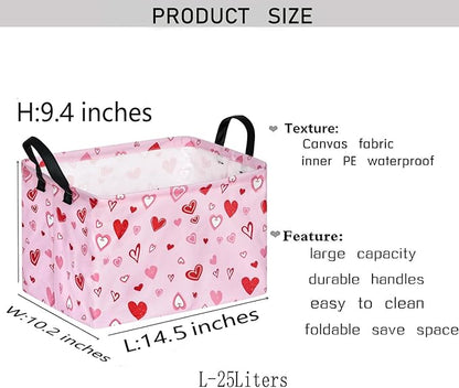 KUNRO Rectang Heart Pattern Valentine's Storage Basket Gift Shelf Basket Storage Bin, Nursery Basket Organizer Box for With Handles for Room Deco