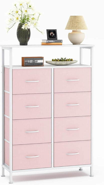 DUMOS TV Stands for Living Room with 8 Drawers, Tall 8-Drawer Chest of Drawers with Raised Shelf, Storage Tower with Fabric Bins for Organization, Hallway Storage, Pink