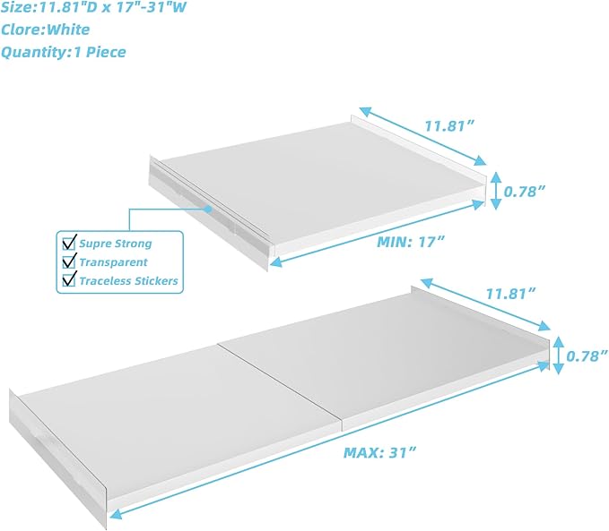 Adjustable Closet Shelves Organizers,1 Pack Expandable for Cabinet Rack Storage Wardrobe Tension Shelving for Pantry Cupboard Kitchen (White,W:11.8" D x 17"-31" W,1-PCS)