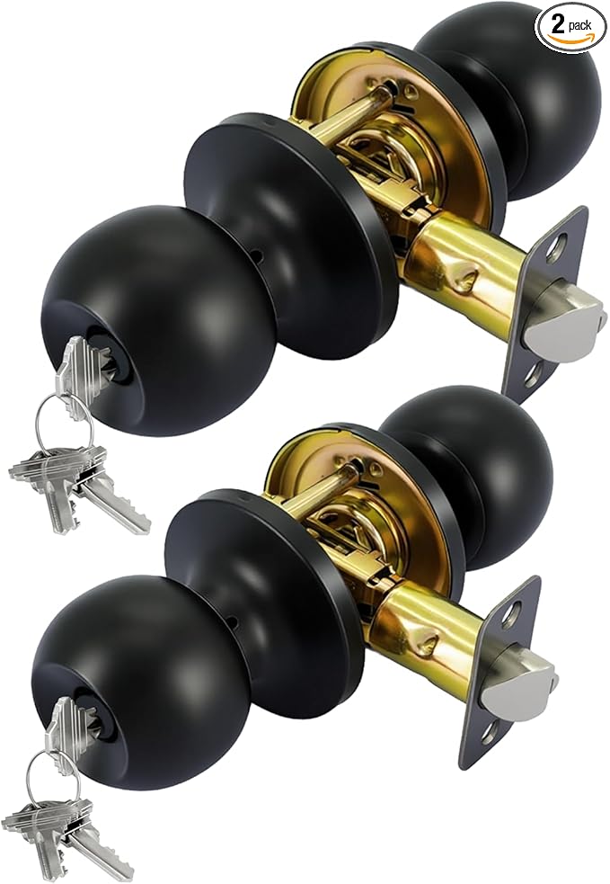 Matte Black Door Knobs with Lock and Key，Exterior and Interior Door Lock for Bedroom, Entry Door Handle for Front Door, Not Keyed Alike, 2 Pack