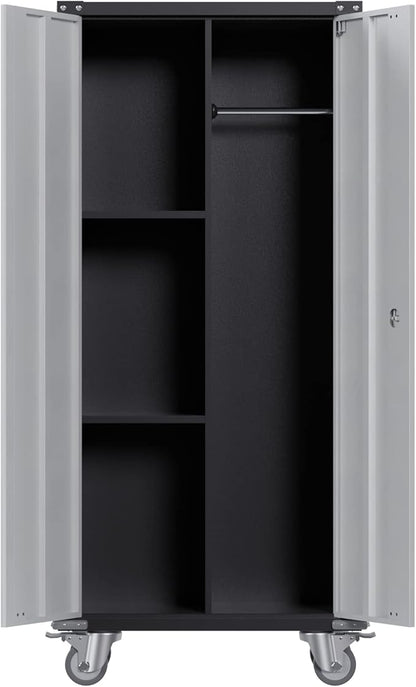 GarveeHome Metal Locker Storage Cabinet with Wheels 71" H with Doors and 2 Shelves Adjustable 4 Adjustable Feet for Home, Garage, Office, Shop