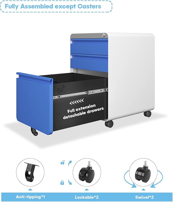 Dripex 3 Drawer File Cabinet, Metal Filing Cabinets with Lock Wheels & Hanging Rail for A4/Legal/Letter File, Anti-tilt Under Desk Design, Lockable Rolling Mobile File Cabinet for Home Office (Blue)