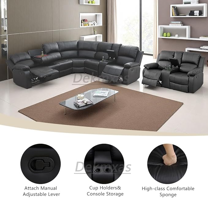 Black Leather Sectional Recliner Sofa Set with 4 Recliner Seats, Living Room Furniture Sets, Reclining Sectional Sofa Loveseat with Drop-down Table, Cup Holders,Storage Console for Living Room