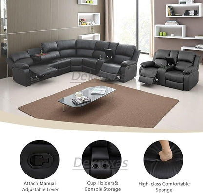 Black Leather Sectional Recliner Sofa Set with 4 Recliner Seats, Living Room Furniture Sets, Reclining Sectional Sofa Loveseat with Drop-down Table, Cup Holders,Storage Console for Living Room
