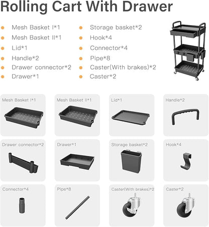 3 Tier Rolling Utility Cart with Drawer,REBECAT Utility Cart Made of Multifunctional Storage Organizer Tool for Kitchen,Bathroom,Living Room,Office(Black)