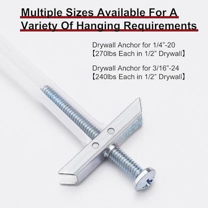 Heavy Duty Drywall Anchor Bolts with 3/16”-24 Bolts for TV Mounting Kits Stainless Steel Hollow Wall Anchors Holds Up to 240 lbs on 1/2-In Drywall 22 Pack Drywall Anchors for Heavy Duty Wall Anchoring