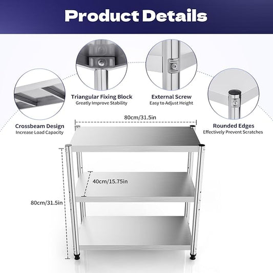 Stainless Steel Shelving 31.5 X 31.5 Inch 3 Tier Garage Shelving Kitchen Rack Steel Shelf Storage Unit for Living Rooms Offices Hotels