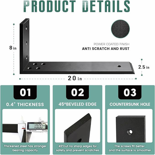 Countertop Support Brackets 3 Pack L Bracket Countertop Brackets 20" x 8" x 2.5" Heavy Duty 3/8" Thick Shelf Brackets Metal Corbels L Shape Bracket for Wood Shelf/Quartz/Granite/Concret Countertops