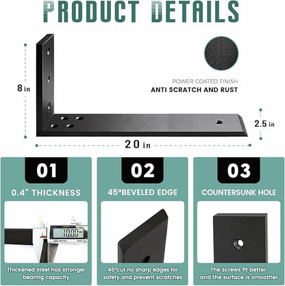 Countertop Support Brackets 2 Pack L Bracket Countertop Brackets 20" x 8" x 2.5" Heavy Duty 3/8" Thick Shelf Brackets Metal Corbels L Shape Bracket for Wood Shelf/Quartz/Granite/Concret Countertops