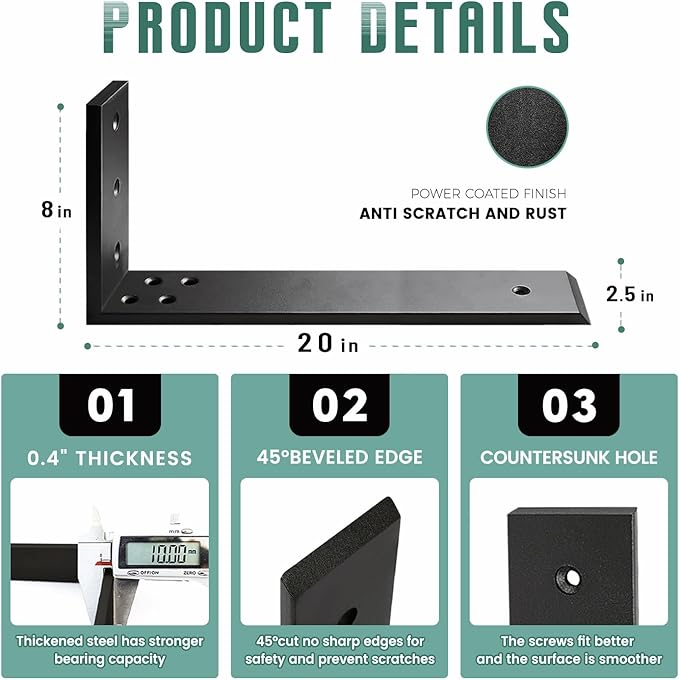 Countertop Support Brackets 4 Pack L Bracket Countertop Brackets 20" x 8" x 2.5" Heavy Duty 3/8" Thick Shelf Brackets Metal Corbels L Shape Bracket for Wood Shelf/Quartz/Granite/Concret Countertops