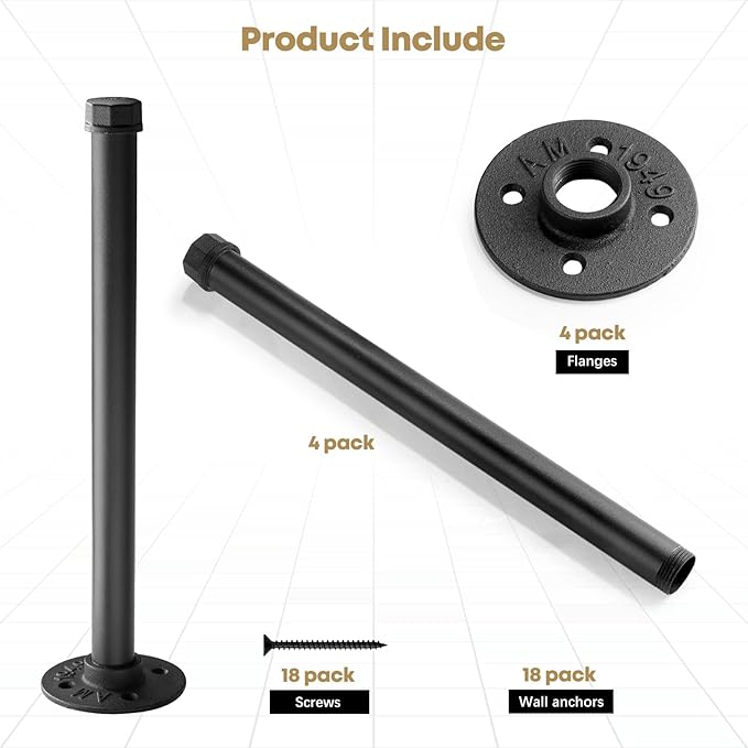 Industrial Pipe Clothing Rack 12 Inch 4 Pack, Closet Rod for Hanging Clothes, Wall Mounted Clothes Rack Heavy Duty Metal Shelving Brackets Vintage Rustic Garment Hanger