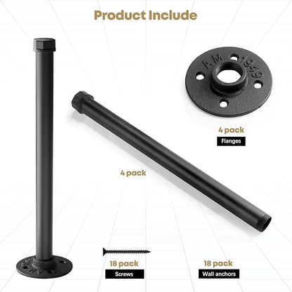Industrial Pipe Clothing Rack 12 Inch 4 Pack, Closet Rod for Hanging Clothes, Wall Mounted Clothes Rack Heavy Duty Metal Shelving Brackets Vintage Rustic Garment Hanger