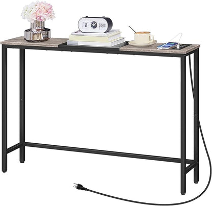 HOOBRO Narrow Console Table with Power Outlets, 44.9 Inches Sofa Table, Slim Behind Couch Table, Entryway Table with Display Shelf, for Living Room, Foyer, Hallway, Greige and Black BG114UXG01
