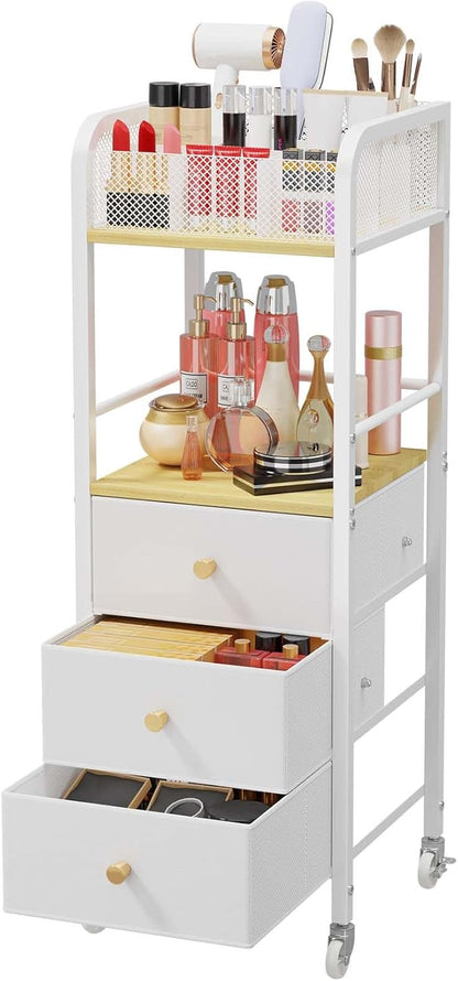 HapiRm Rolling Makeup Cart Organizer - Floor Skincare Make Up Storage with 3 Non-woven Fabric Drawers, Vanity Organizer Cosmetic Display Cases Holder for Skin Care Perfume Nail Polish Brush Hair Tool