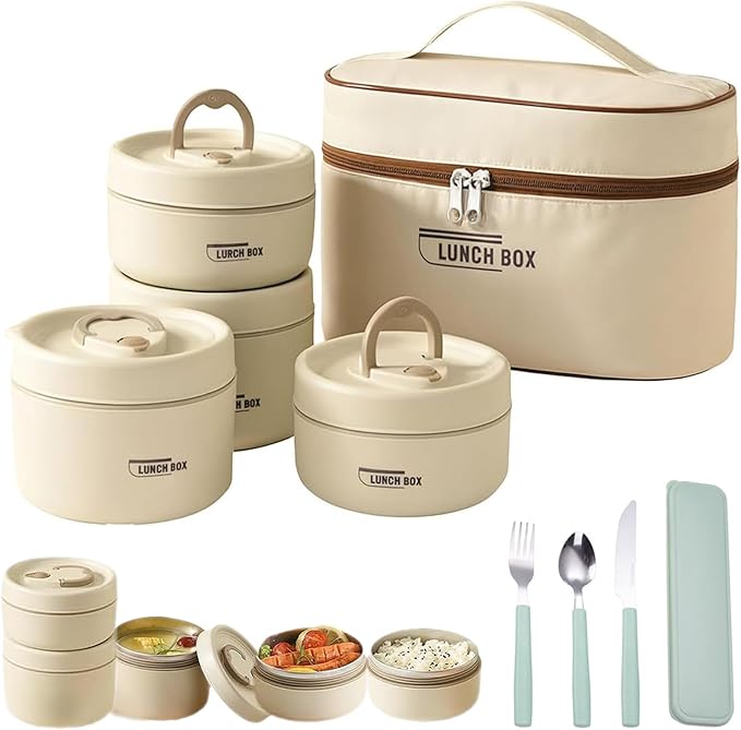 Portable Insulated Lunch Container Set, 4 Tier Separate Stackable Stainless Steel Lunch Container with Insulated Lunchs Bag, Bento Box Hot Food Lunch Containers to Microwave (Beige, 4-Tier)