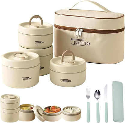 Portable Insulated Lunch Container Set, 4 Tier Separate Stackable Stainless Steel Lunch Container with Insulated Lunchs Bag, Bento Box Hot Food Lunch Containers to Microwave (Beige, 4-Tier)