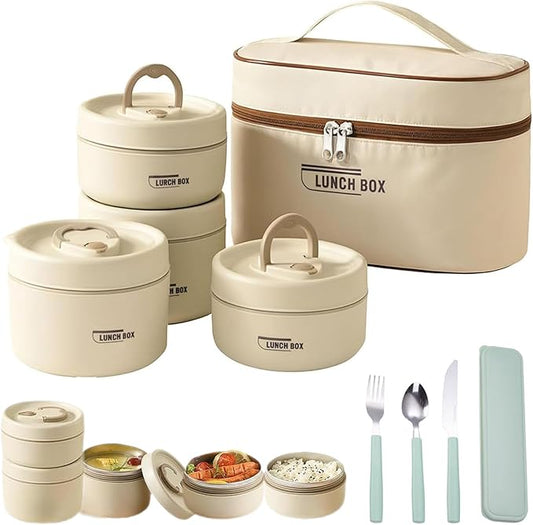 Portable Insulated Lunch Container Set, 4 Tier Separate Stackable Stainless Steel Lunch Container with Insulated Lunchs Bag, Bento Box Hot Food Lunch Containers to Microwave (Beige, 4-Tier)
