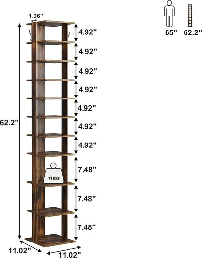 HOMEFORT 10-Tier Vertical Shoe Rack, Corner Shoe Tower, Slim Shoe Organizer with Two Hanging Hooks, Wooden Shoe Storage Stand for Entryway, Hallway, Closet, Rustic Brown