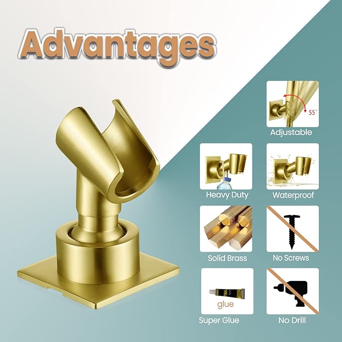 Shower Head Holder Handheld Shower Wand Holder Adjustable Shower Head Bracket Shower Wall Mount Holder, Brushed Brass/Gold Finish, Drill Free Glue Installation