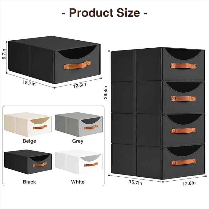 Stackable Storage Drawers - Large Collapsible Storage Bins with Drawers, 8 Pack Closet Shelf Organizer Basket, Fabric Pull Out Organizer for Bedroom, Living Room, Dorm, Black